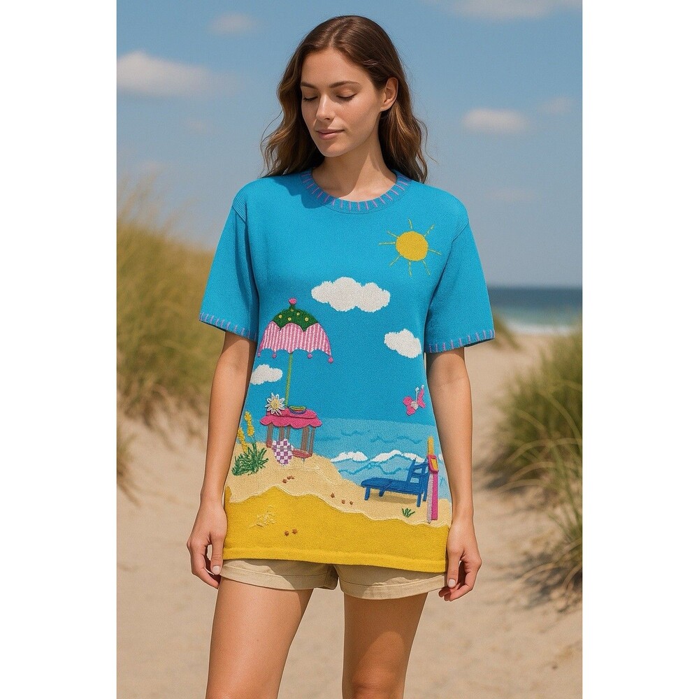 Vintage Beach Scene Knit Sweater Blue Summer Embroidered novelty Tunic Top Sz S